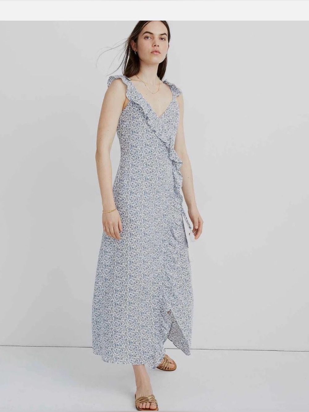 Madewell Blue Floral Ruffle Wrap Maxi Dress Sleeveless Fringe Detailing on Tie